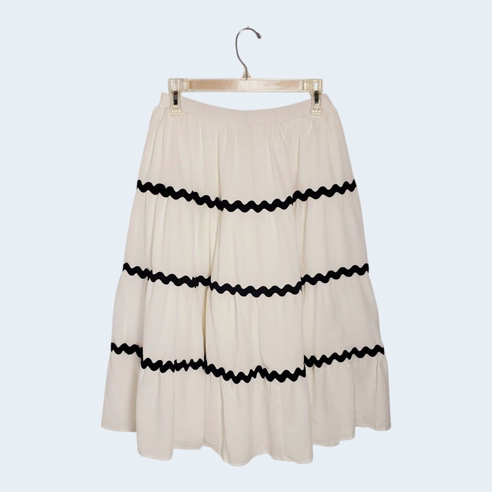Lulu's White Tiered Midi Skirt Size L Black Ric-Rac Trim Boho Cottagecore